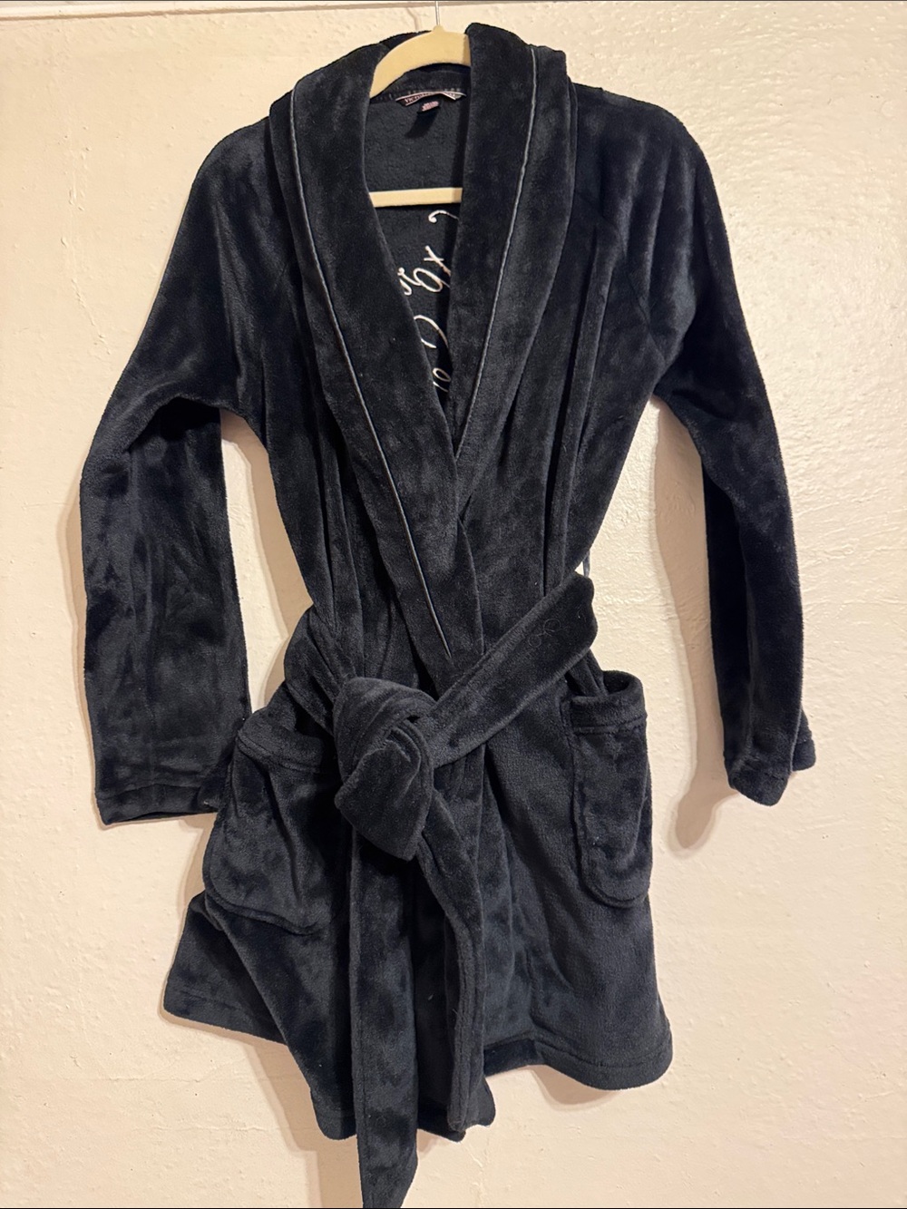 Victoria's Secret Plush Black Robe-Style Trench Coat with Belt